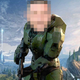 Master Chief standing in front of hills with a blurry face.
